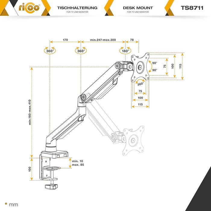 Кріплення для монітора RICOO TS3011: підставка для 1 монітора, газ-амортизатор, регулювання висоти, VESA 75x75/100x100, для моніторів 13-34 дюймів