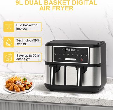 Цифрова фритюрниця Euary Max Dual Zone 10 л, 4 л і 6 л, 8-в-1, книга рецептів, таймер, контроль температури