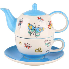Керамічний чайний сервіз Mila Чайник для однієї літньої краси приблизно 400 мл з чашкою та під чашкою Чайний сервіз для однієї особи Метелик і весняні мотиви