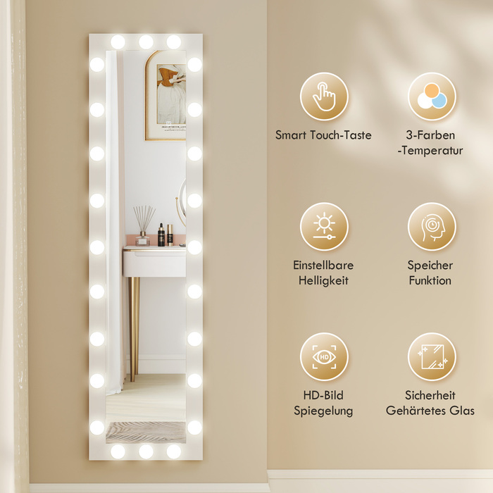 Дзеркало у повний зріст 150x40 см з LED-підсвічуванням та 24 лампочками, 3 кольори світла, підлогове, настінне або похиле. Білий колір.