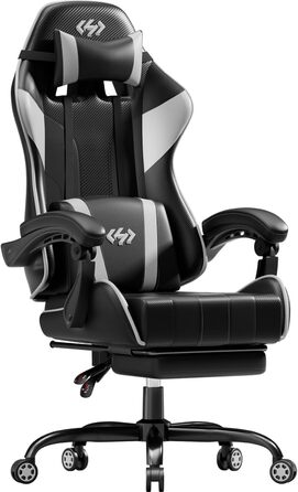 Геймінговий крісло HLONONE, ергономічний ігровий крісло з кишеньковим пружинним матрацом, гоночний крісло для геймерів з підніжкою, підтримкою попереку, регульоване офісне крісло, вантажопідйомність 150 кг, PC крісло (Чорно-білий)