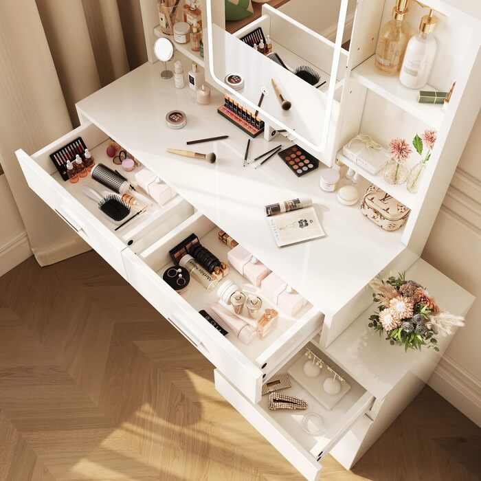 Дзеркальний туалетний столик JUMMICO з LED-підсвічуванням (3 режими яскравості, 3 колірні температури), великий комод з 6 відділеннями, 2 ящиками, бічною шафкою та полицею, 117x40x140 см, білий