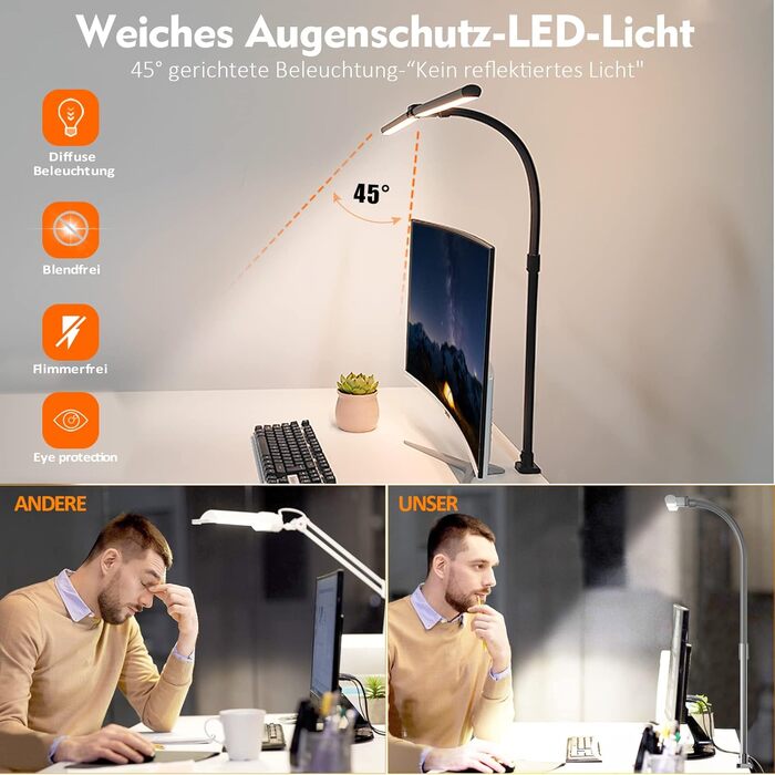 LED настільна лампа LOTTBUTY з гнушим шийкою, 24W, 80см, для офісу та дому, регулювання яскравості, денне світло, чорний колір