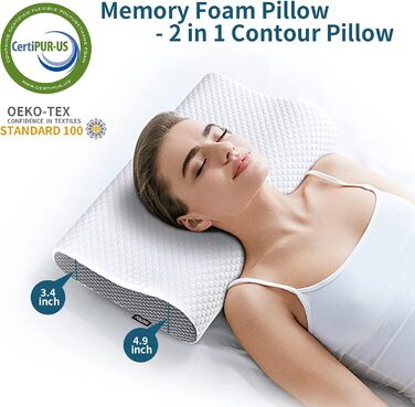 Подушка для шиї з Memory Foam для зняття болю, ортопедична подушка для сну, для сну на боці, спині, животі, біла & сіра