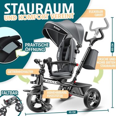 Дитячий триколісний велосипед KIDIZ 6-в-1: з ручкою, кошиком, сонцезахисним дахом, до 25 кг, сірий