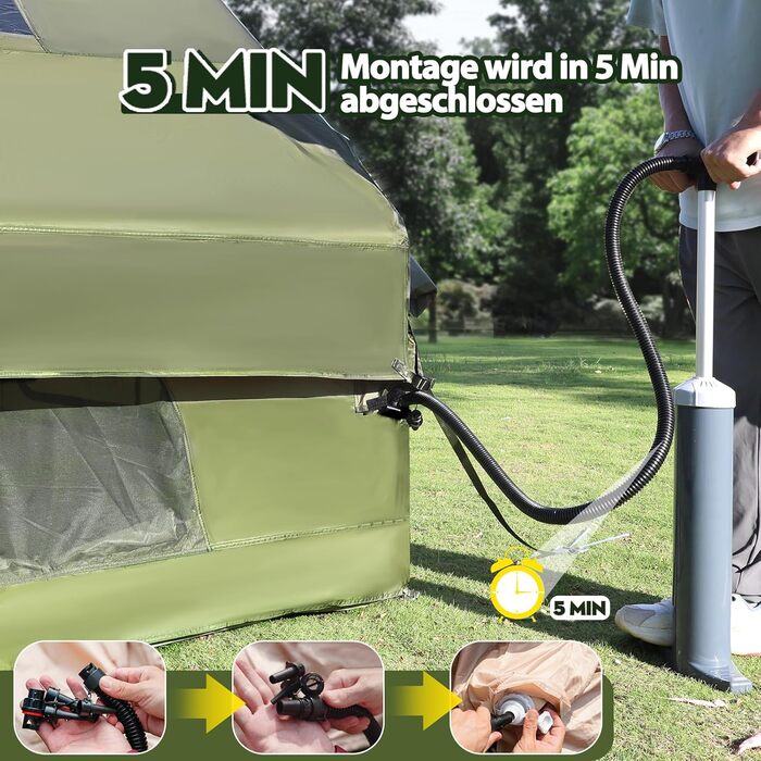 Надувний кемпінговий намет Oxford 420D для 7-10 осіб з насосом, водонепроникний (3000 мм), 4 сезони, з вікнами-москітними сітками та димоходом 400x300x200 см