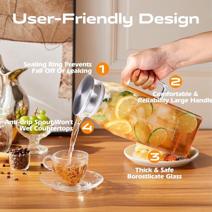 Скляна карафа Aofmee 2 літри з кришкою: для води, соку, айс-ті