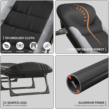 Розкладне кемпінгове ліжко-шезлонг XXL чорне, посилене польове ліжко з регульованою спинкою для відпочинку, рибалки та саду