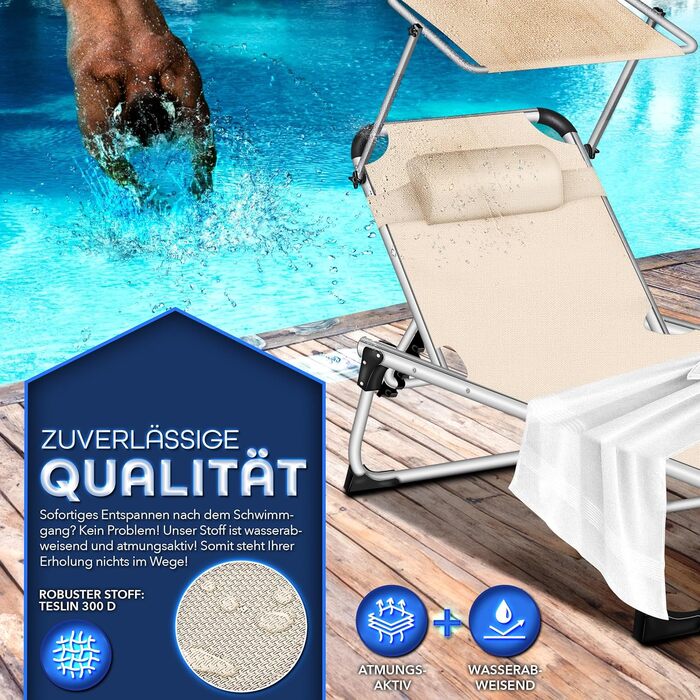 Сонячне ліжко Tillvex® з дахом та подушкою для голови | Садова лежанка, розкладний лежак | Пляжний лежак з регульованою спинкою | Алюмінієве ліжко (Basic, Бежевий)
