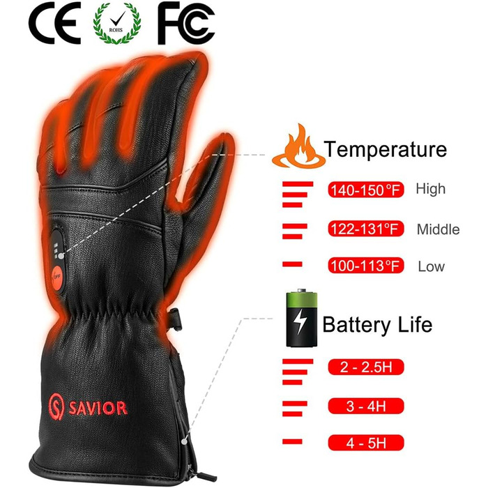 Обогревні рукавички SAVIOR HEAT для чоловіків та жінок, рукавички з підігрівом для зимового катання на лижах та ковзанах, рукавички для артриту, акумулятор 7.4V 2200mAh, USB-зарядка, чорний (XS)