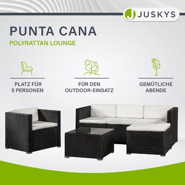 Juskys Lounge Punta Cana L: Комплект садово-розкішних меблів для 4-5 осіб (софа 3 місця, крісло, пуф, столик, подушки). Чудовий вибір для саду, тераси та балкону. Водостійкий набір меблів для відпочинку. Чорний/Крем.