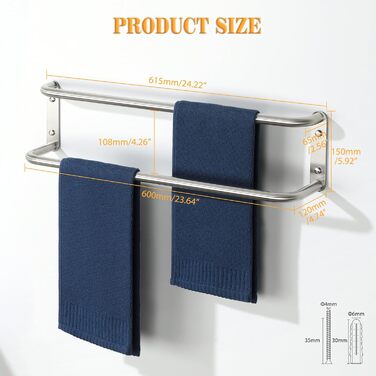 Тримач для рушників подвійний з нержавіючої сталі 304, 60 см, для ванної кімнати та кухні