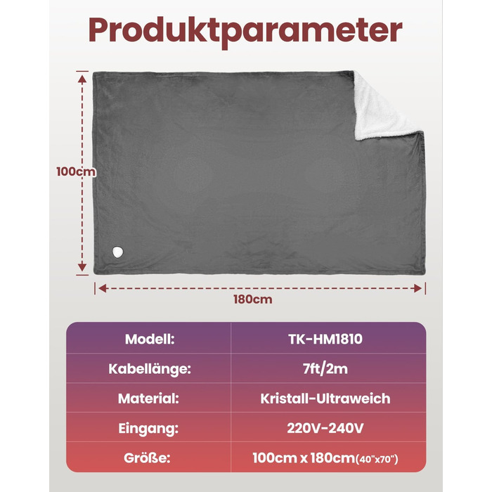 Електрична ковдра Mefine 180x100см, 6 рівнів температури, 4 таймера, фланель, захист від перегріву, світло-сірий/білий