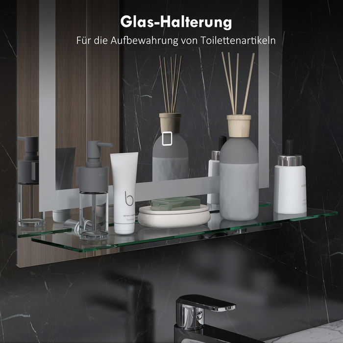 Дзеркало для ванної кімнати зі світлодіодним підсвічуванням, регульованою яскравістю, проти запотівання, сенсорним вимикачем, полицею, розміром 50 x 70 см, срібного кольору.