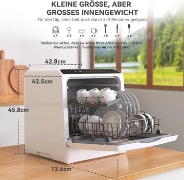 Компактна посудомийна машина Hermitlux Mini на 5 комплектів посуду (5л бак), портативна посудомийна машина з 6 програмами та 360° розпилювачами | З функцією сушіння гарячим повітрям | Клас енергоефективності D | Без встановлення, скляні дверцята