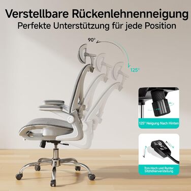 Офісне крісло LarkLeaves з ергономічною спинкою, регульованими підлокітниками, підставкою для попереку та підголівником. Максимальне навантаження 140 кг, сірий колір.