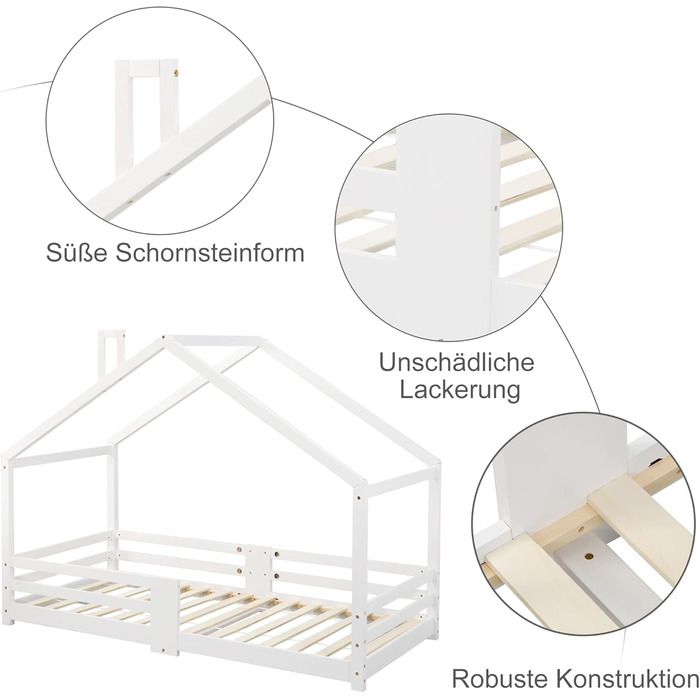 Дитяче ліжко-хатинка 90x200 см з сосни, дизайн хатинки, для дітей (біле)