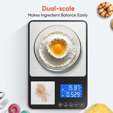 Цифрова кухонна вага 15 кг / 0,01 г, високоточна двозонна вага для кухні з функцією підсумовування, таруванням, 7 одиницями вимірювання, для приготування їжі та випічки, з батарейками (K700H)