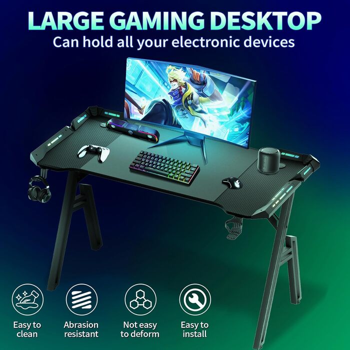 Ігровий стіл 120x60 см з підсвіткою LED, A-frame, з тримачем для напоїв та гачком для навушників, карбонове покриття, ергономічний для дому та офісу