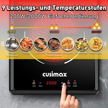 Двохконфорочна індукційна плита CUSIMAX 3500W з LED дисплеєм та сенсорним керуванням, склокераміка, захист від дітей