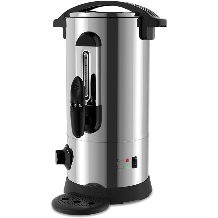 Глювайновий нагрівач з 10 чашками | 1500W нагрівач гарячих напоїв з нержавіючої сталі з термостатом 30–110°C, функцією підігріву та краном | Глювайновий автомат для вечірок (8л, срібний)