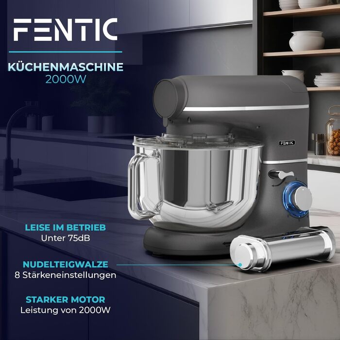 Кухонна машина з тістомісом та спагетницею – 2000W, з нержавіючою сталею, 6.2L, сірий колір