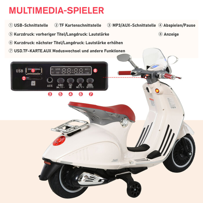 HOMCOM Електричний дитячий транспортний мотоцикл MP3 Музичне освітлення 3-6 років PP білий 108x49x75см
