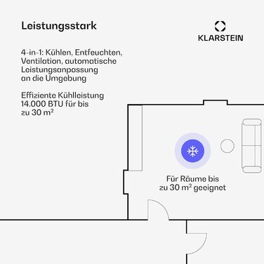 Klarstein AireLux: Мобільний кондиціонер 14000 BTU, до 51 м², керування через додаток та голосовий помічник, 4-в-1 (охолодження, осушувач, вентилятор, нічний режим), тихий, темно-сірий