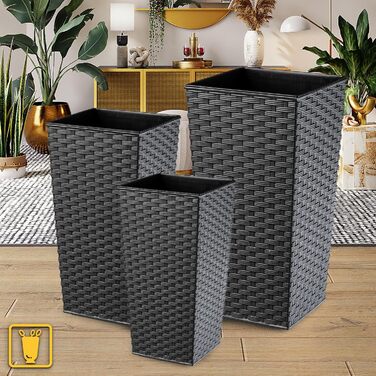 Набір горщиків для квітів KADAX 3 шт. (36/46,5/57,5 см) – пластикові, вологостійкі, для дому та саду, графіт, ротанг