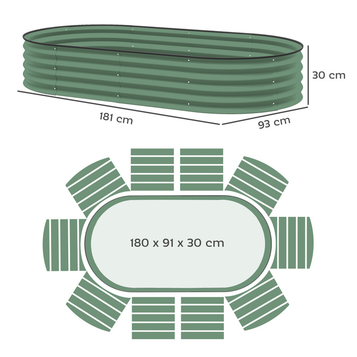 Набір з двох високих грядок для саду, горщики для зовнішніх рослин з відкритим дном, гумовим краєм, металеві, 181 x 93 x 30 см, зелені