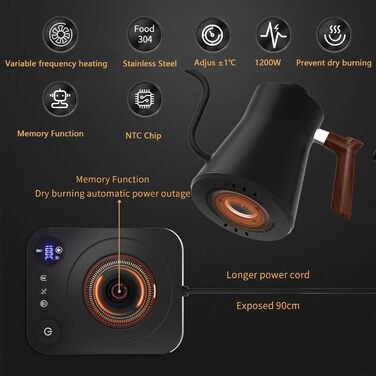 Чайник з налаштуванням температури KitchenAid, 1200W, 0.9L, 304 нержавіюча сталь, чорний, з функцією підтримання тепла
