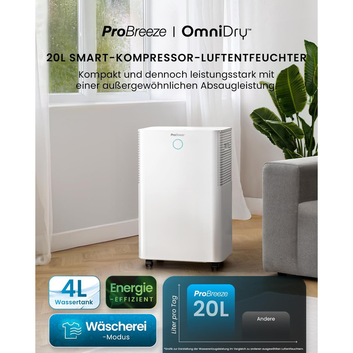 Осушувач Pro Breeze в режимі осушення протягом 24 годин - осушувач електричний з датчиком вологості, зливним шлангом, цифровим дисплеєм, режимом сну, таймером - проти вологи, цвілі (20 л, з додатком)