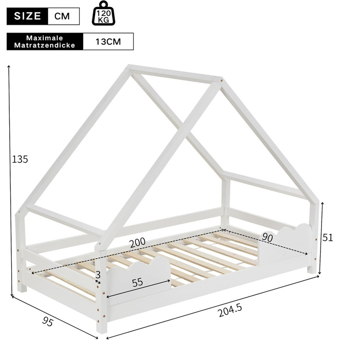 Ліжко дитяче Merax 90x200 см, будиночок з ламелями, захистом від падіння, для хлопчиків та дівчаток, біле