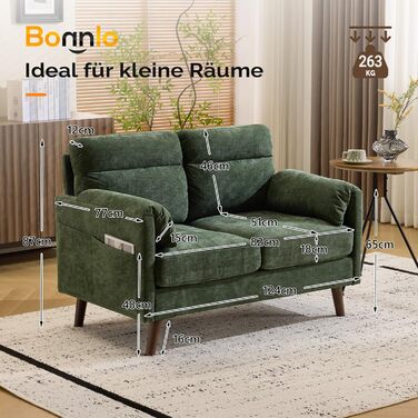 Диван Bonnlo 2-місний, компактний, 125 см, тканинний диван з м'якими підлокітниками, для офісу, вітальні, спальні, кабінету, легка збірка, льон, зелений