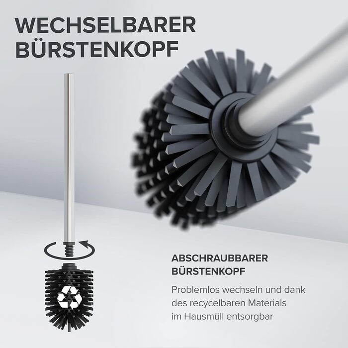 Торцева щітка для унітазу ROMO | Силіконова щітка для унітазу | З вентиляцією | Свободно стояча | Змінний насадок з нержавіючої сталі | Знімна підставка для крапель | Торцева щітка без кріплення до стіни (Без бачка, Срібна)