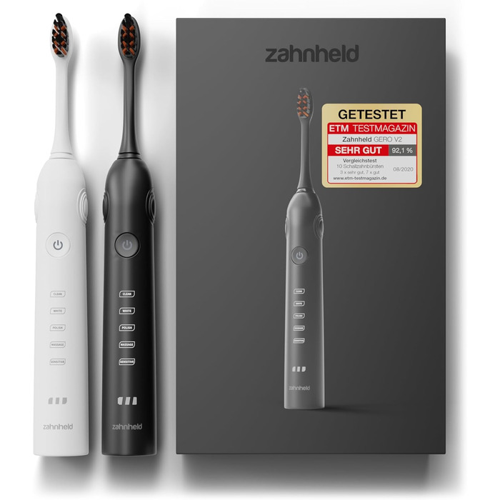 Електрична звукова зубна щітка Zahnheld® Gero G2 з чохлом для подорожей та насадкою | 5 режимів чищення, тривалий час роботи, білий | 1x білий, 2x білий + чорний
