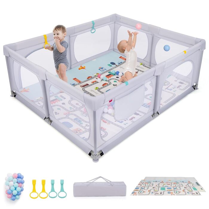 Манеж для дітей DREAMADE 189x158 см з матрацем, кільцями, 50 кульками, сумкою, захисний паркан для малюків 0-3 років, світло-сірий