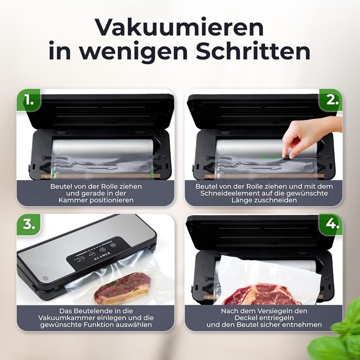 Вакууматор KLAMER Vakuumierer Pro 80 (2025) для сухих та вологих продуктів, для Sous Vide, сріблястий, з пакетами та шлангом