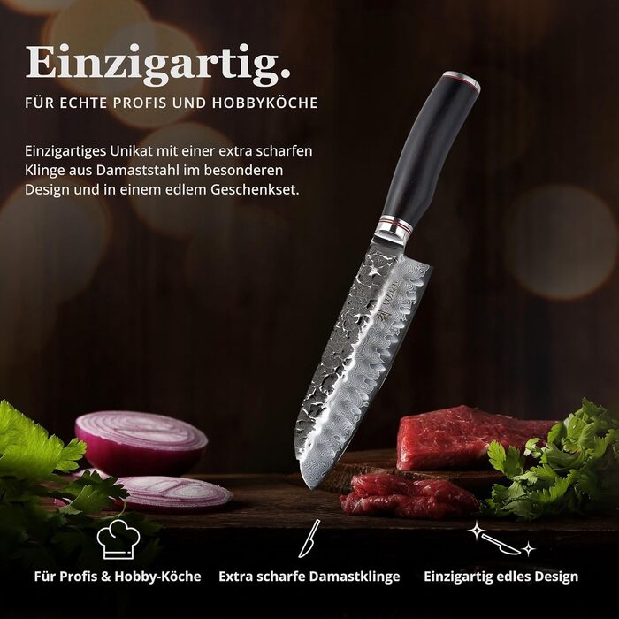 Японський ніж Santoku Wakoli EBO з дамаської сталі (серцевина VG10), 17,5 см - гострий ніж для кухні та приготування їжі, преміум-якість, з дерев'яною ручкою з дуба, у подарунковій коробці