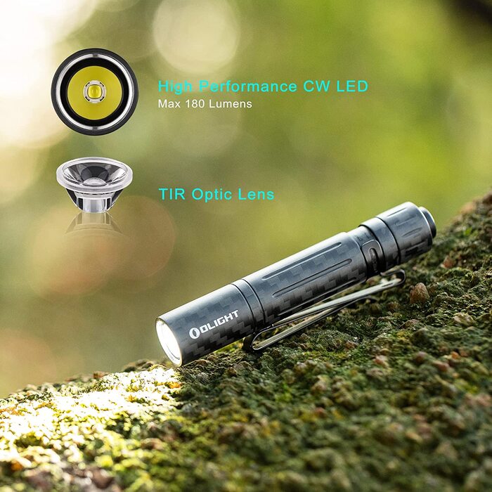 Світлодіодний міні-ліхтарик OLIGHT I3T EOS з підсвічуванням 180 люмен 60 м, невеликий ліхтарик з торцевим вимикачем, водонепроникний IPX8, батарея AAA, для кемпінгу, полювання, роботи та аварійної ситуації (вуглецеве волокно)