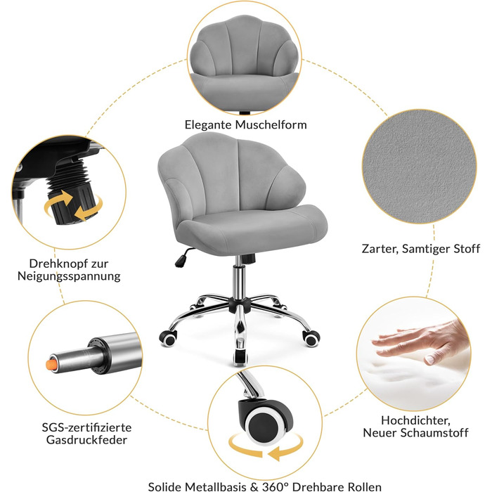 Крісло для дому та офісу Yaheetech, крісло для макіяжу, офісне крісло з регулюванням висоти, поворотне, з м'якою спинкою у формі мушлі, на коліщатках, з велюру, до 136 кг, білий (світло-сірий)