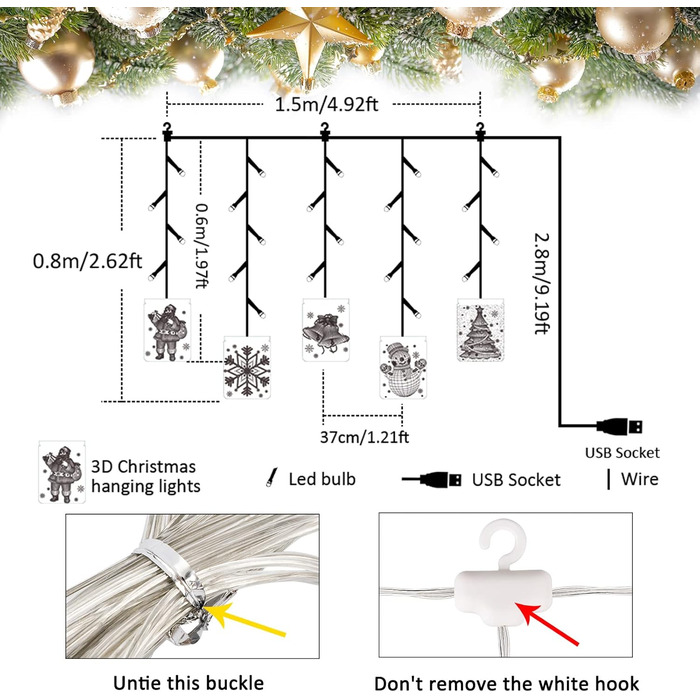 Льоново-новорічна гірлянда-завіса Bloomwin з 120 LED, тепле біле світло, 8 режимів, USB, для декору вікон та інтер'єру (акрил, квадратні)