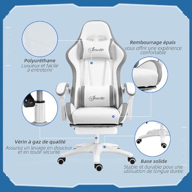 Крісло ігрове Vinsetto Ergonomic з регульованою підніжкою, спинкою 135°, підголівником та поперековою підтримкою, поворотне на 360°, PU шкіра, білий/сірий