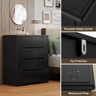 Комод Bealife для спальні: 4 місткі шухляди, витягнуті ручки, захист від перекидання, для вітальні/офісу (чорний)
