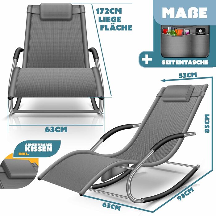 Крісло-шезлонг KESSER® для саду | Зручне крісло-гойдалка | Крісло для відпочинку на відкритому повітрі | Посилена конструкція (150 кг) | Сірий колір