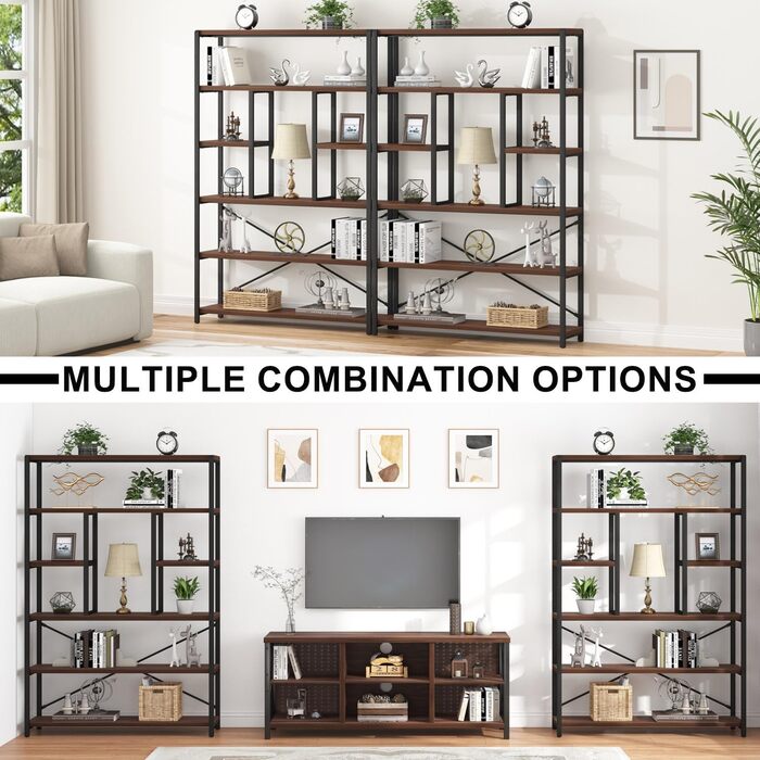 Стелаж LVB з 6 полицями для вітальні, офісу, кухні. Стелаж-стінка з дерева, горіх, 180 см