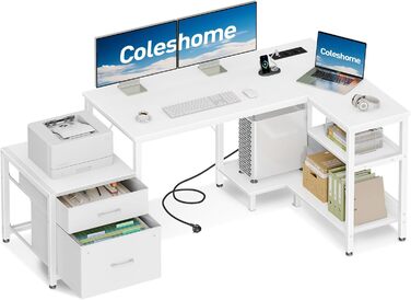 Комп'ютерний стіл Coleshome L-подібний з шухлядами, 140x80 см, з розеткою, білий