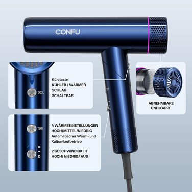 Професійний іонізаційний фен для волосся CONFU 1700W, складаний фен з магнітним диффузором та стилізуючою насадкою, низький рівень шуму, синій