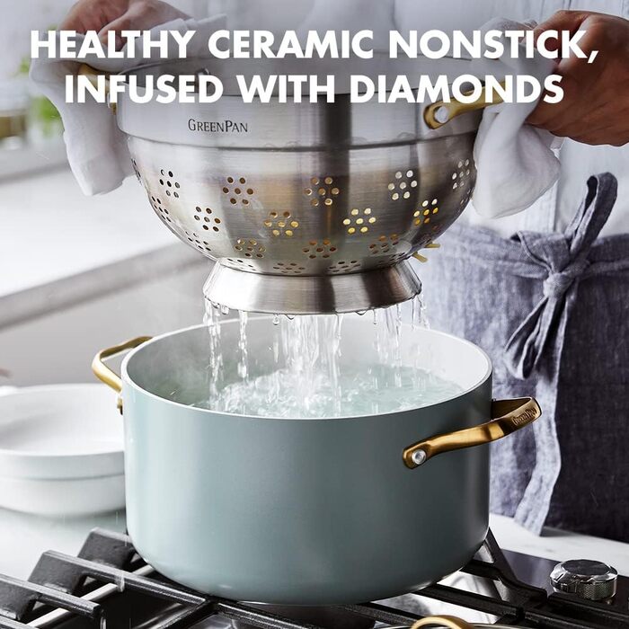 Каструля GreenPan Padova Reserve з антипригарним покриттям Hartelox, 18 см, 2 л, з кришкою з термостійкого скла, PFAS-free, для індукційних плит, з золотим ручками, придатна для миття в посудомийній машині та для випікання, колір: Димчастий блакитний (з ф