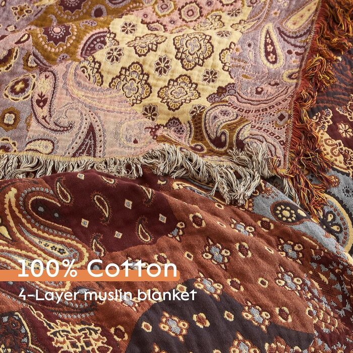 Богемна ковдра Softexly Boho Decke 100% бавовна, двостороння муслінова ковдра 150x200 см, м'яка диванна ковдра та покривало для ліжка, естетичний дизайн, ідеальна для вітальні та спальні, помаранчево-зелена (230 x 250 см, візерунок Пайслі)